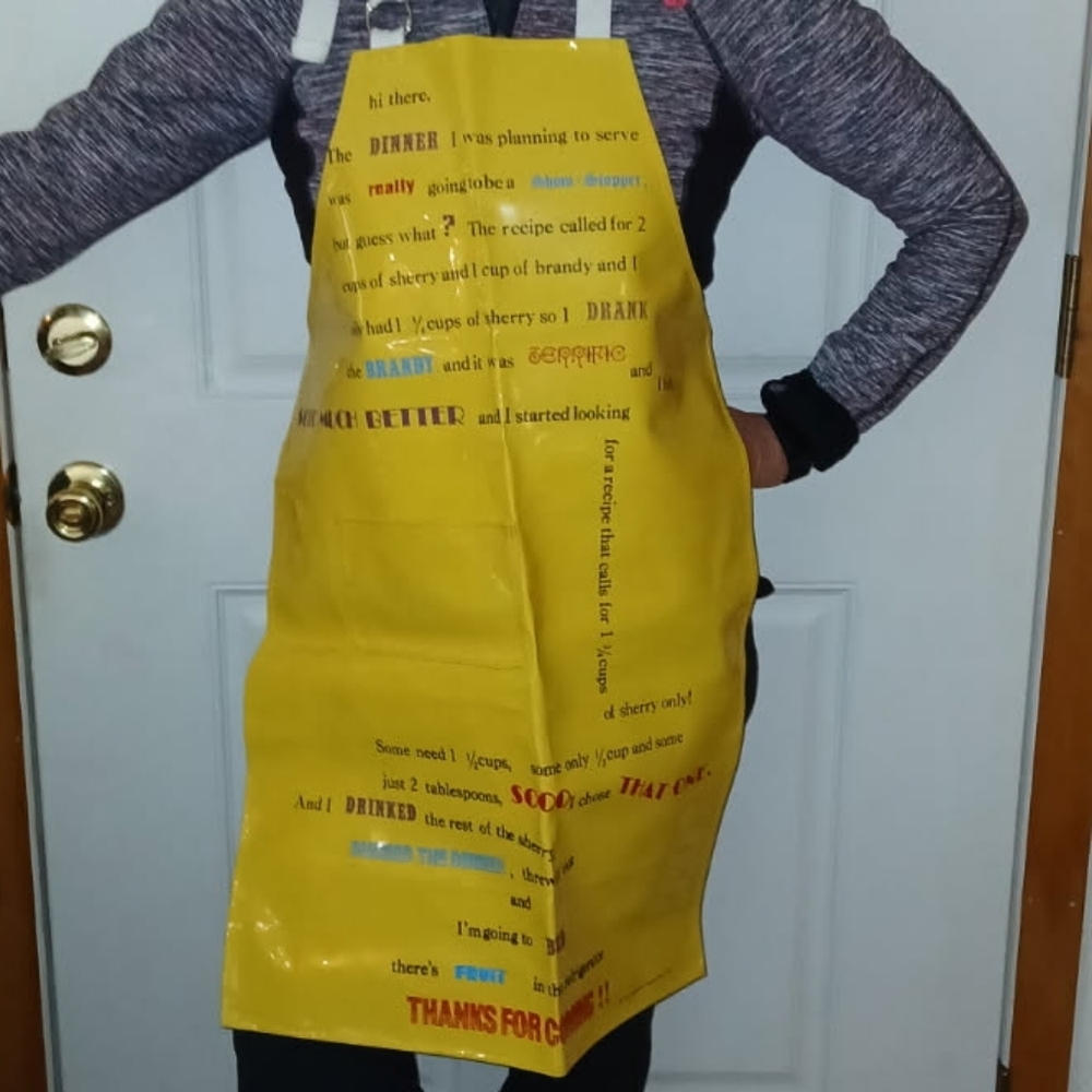VTG 1980 Vinyl Apron Yellow Cook Drink Drunk Joke Humorous Funny Hostess Host